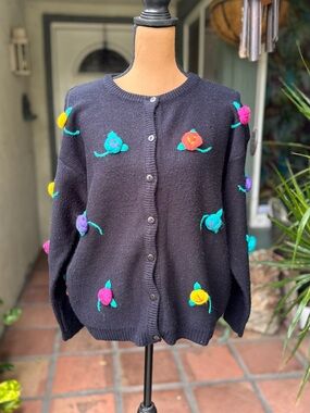 Vtg Black Floral Appliqué Button-Front Sweater Cardigan